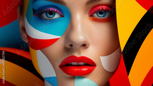 Pop - art portrait, close - up of a face with bold, geometric shapes, vibrant primary colors