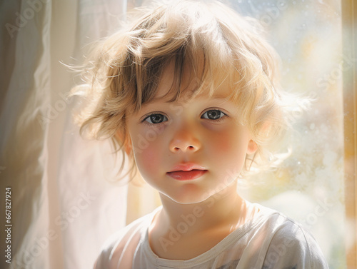 Watercolor style portrait, child’s innocent face, bright pastel colors, soft texture