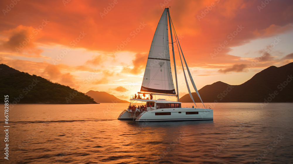 Luxurious Sunset Soiree  Friends Reveling in Champagne and Laughter Aboard a Catamaran Yacht