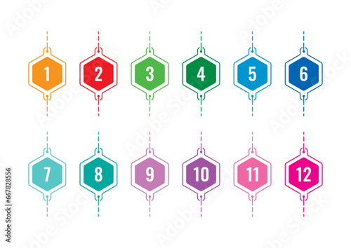 numbers 1-12 in colored hexagons. 1-12 math numbers. 1-12 sequential numbers for education, business, university, academia