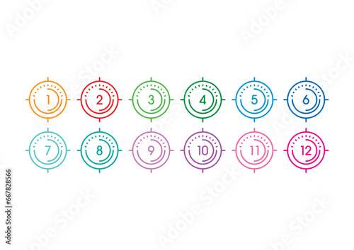 numbers 1-12 in colored circles. numbers 1-12 for lesson, school, education. technological interface and numbers 1-12 concept