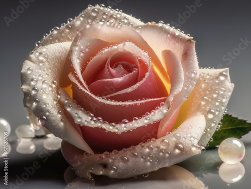 Pink rose with water droplets and pearls.