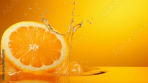 Fresh half slice of ripe orange fruit flotation with splash drop on orange juice with copy space 