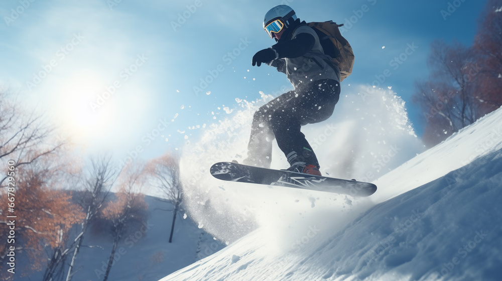 Snowboarder jumping in a winter landscape, splashing snow
