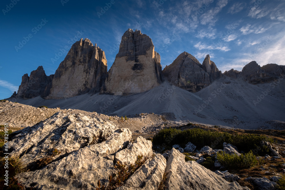 The Tre Cime di Lavaredo in the Sexten Dolomites of northeastern Italy.