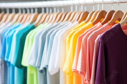 Close-up of colorful bright T-shirts hanging on wooden hangers on a rack in a store. Fashion, clothing, modern basic t-shirt, sale concept, discounts