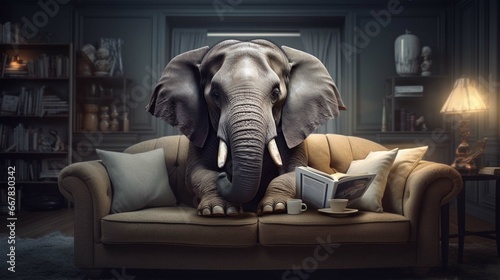 Elephant reading book on sofa, learning and knowledge concept