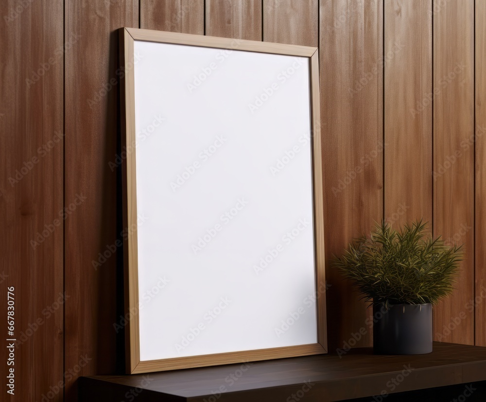 Wall art empty picture frame mockup on wooden desk, wall, table. Vase with olive branches, cactus. Elegant working space, home office concept. Wall art empty picture frame mockup on wooden desk, wall, table. Vase with olive branches, cactus. Elegant working space, home office concept.