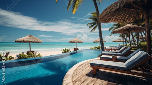 Luxurious swimming pool and loungers umbrellas near beach and sea with palm trees and blue sky © Areesha