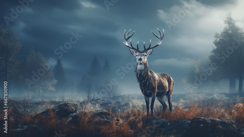 Enigmatic Stag Calls in Mist-Laden Meadow Wildlife Photography © Don