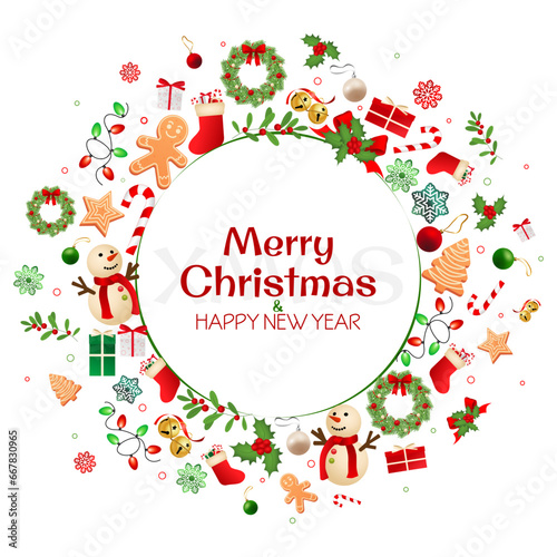 Christmas round greeting card with realistic decorations