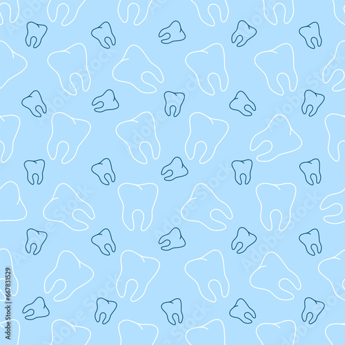 Seamless pattern with cute teeth on blue background.Fabric design, textile, wrapping paper, background, postcards. Vector decorative illustration for dental design.