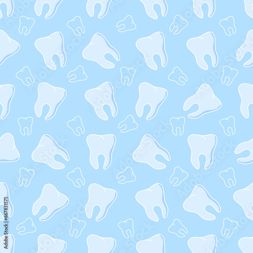 Seamless pattern with cute teeth on blue background.Fabric design, textile, wrapping paper, background, postcards. Vector decorative illustration for dental design.