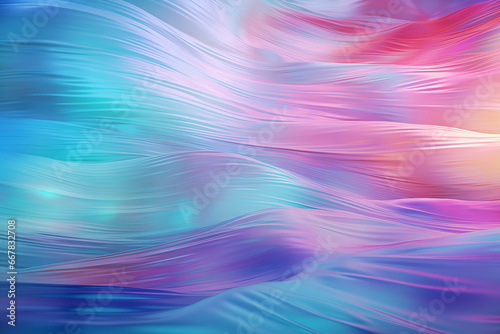 Abstract fractal geometric wavy background in blue, pink, purple. Holographic rainbow technology backdrop. Vibrant, dynamic 3d render chrome wave effect for space disco party. 