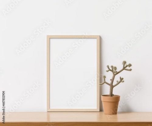 Wall art empty picture frame mockup on wooden desk, wall, table. Vase with olive branches, cactus. Elegant working space, home office concept.