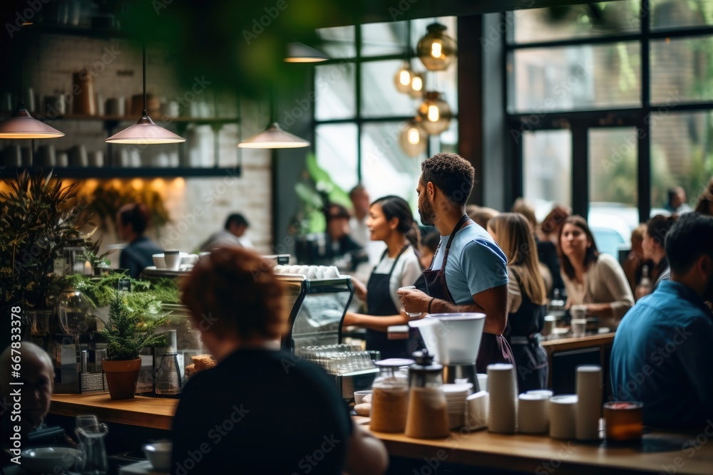 A bustling cafe with baristas serving coffee in a cozy atmosphere. A bustling cafe with baristas serving coffee in a cozy atmosphere.