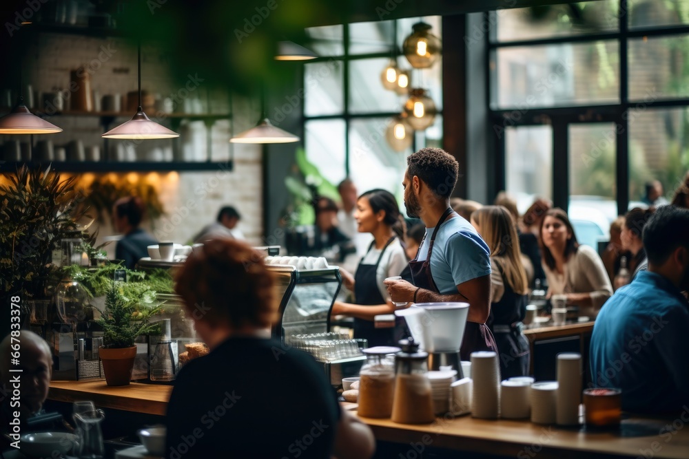 A bustling cafe with baristas serving coffee in a cozy atmosphere.