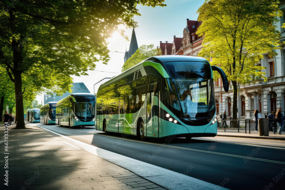 Obraz premium A bustling city with electric buses and trams promoting urban sustainability.