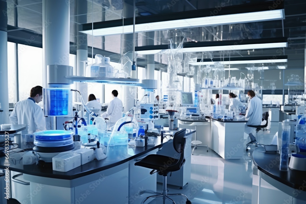 A high tech laboratory with scientists conducting experiments and research. A high tech laboratory with scientists conducting experiments and research.