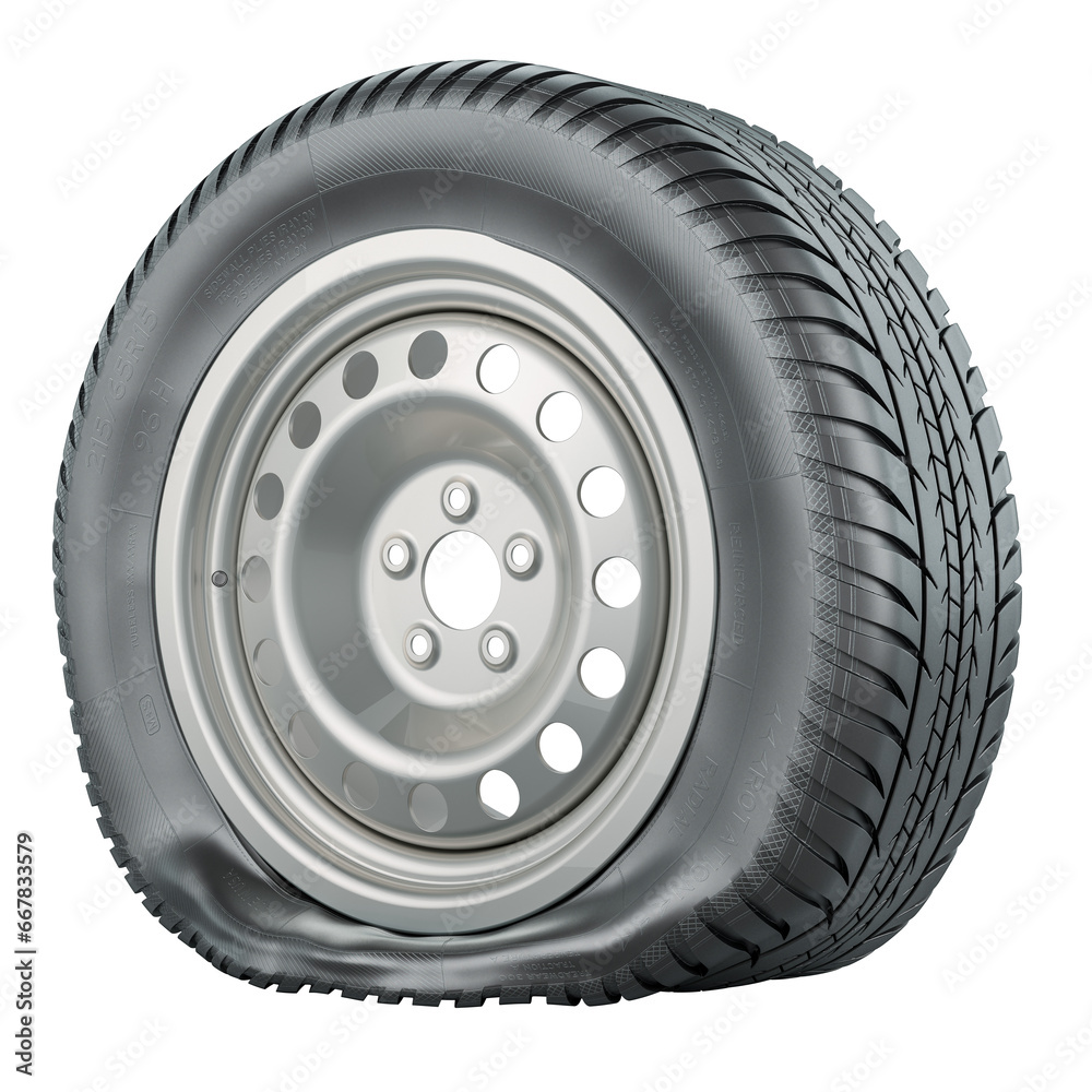Punctured car wheel, 3D rendering isolated on transparent background Punctured car wheel, 3D rendering isolated on transparent background
