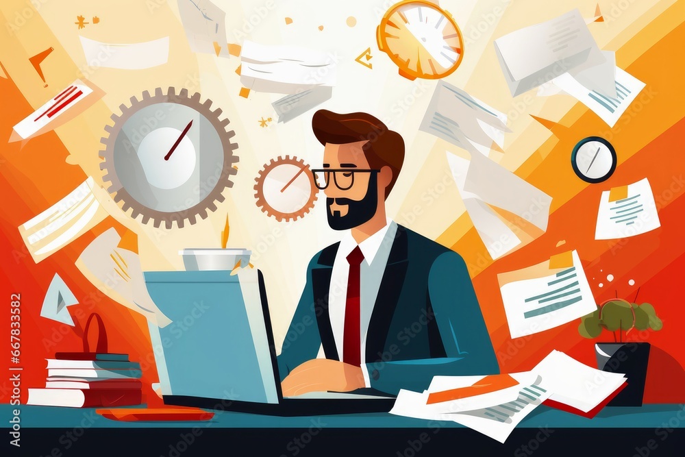 A person multitasking with technology and documents in a busy office A person multitasking with technology and documents in a busy office