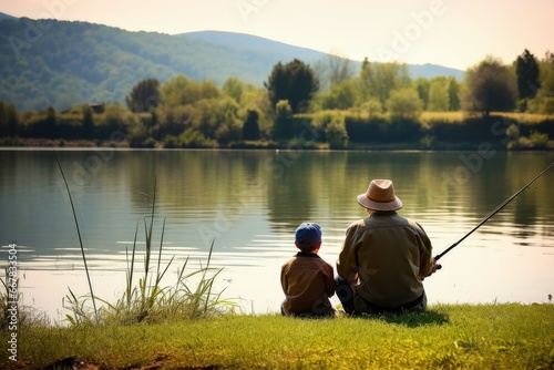 A grandparent teaching a grandchild to fish by the tranquil lake.