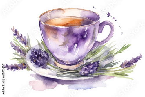 Watercolor Hot Earl Grey Lavender Tea Cup on White Background. AI generated photo