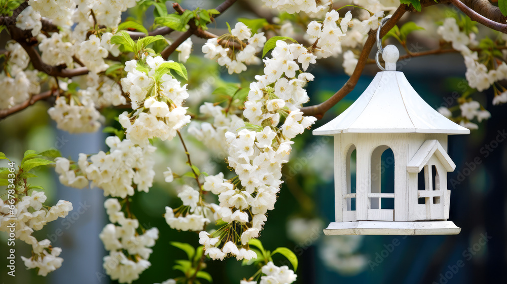 Beautiful spring garden with blooming apple tree and white birdhouse