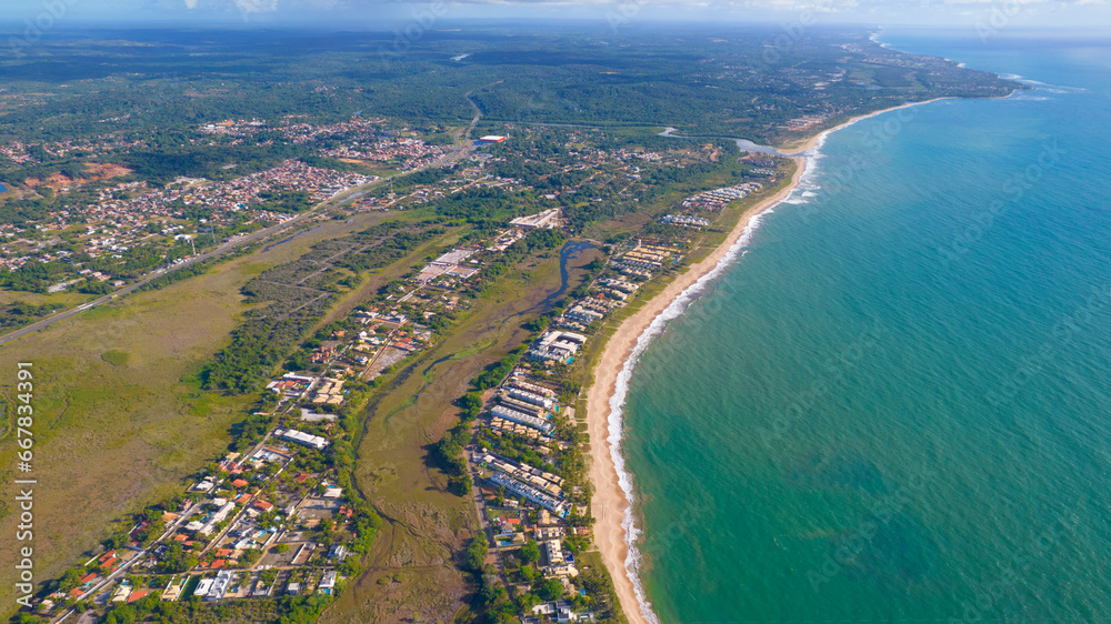 Aerial view of the coast of Itacimirim in Camaçari, Bahia, Brazil. North side. Sea ​​turtle breeding area.