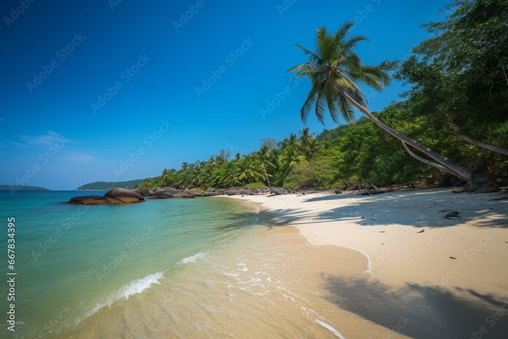 Beautiful beach scene with palm trees, blue sea, clear sky, and sandy beach. Generative AI