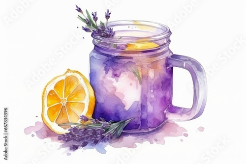Watercolor Hot Lavender Lemonade in a Mug on White Background. AI generated