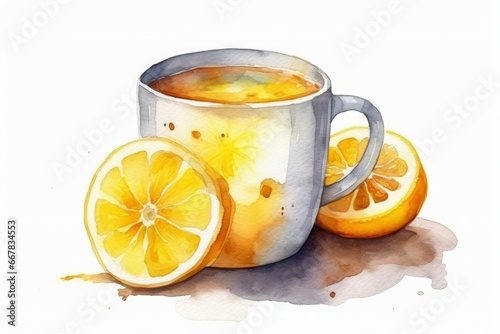 Watercolor Hot Lemon Honey Drink in a Mug on White Background. AI generated