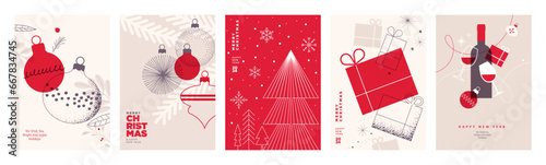 Merry Christmas and Happy New Year greeting card template. Vector illustrations for background, greeting card, party invitation card, website banner, social media banner, marketing material.