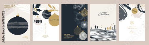 Merry Christmas and Happy New Year greeting cards set. Vector illustration co...