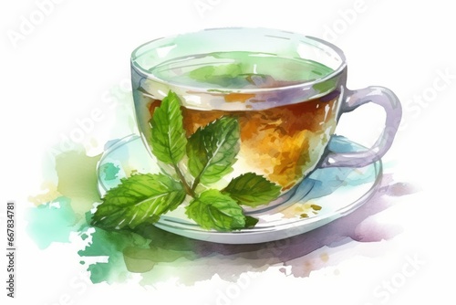 Watercolor Hot Mint Tea Cup on White Background. AI generated