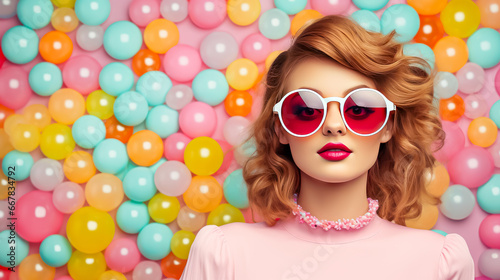 Portrait of a beautiful young woman in pink clothes and sunglasses over colorful background.