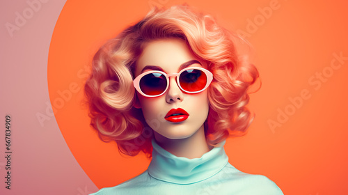 Fashion portrait of a beautiful woman with red hair and sunglasses.