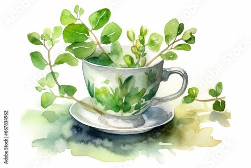 Watercolor Hot Moringa Tea Cup on White Background. AI generated