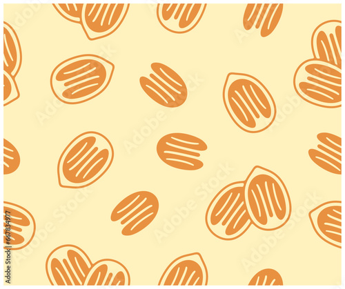 Pecan nut, nutty, plant, food and meal, seamless vector background, pattern. Fruit, kernel, seed, nourishment, nature, eating and eat, vector design and illustration