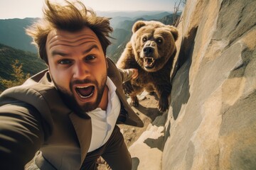 Man running away from scary bear in mountains