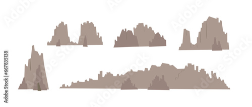 Mountains, rocks, sammits, peaks of wild west. Desert canyon, landscape vector illustration set