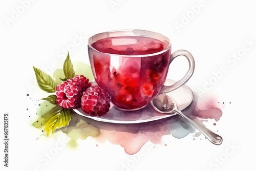 Watercolor Hot Raspberry Tea Cup on White Background. AI generated