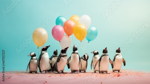 A flock of penguins surrounded by colorful balloons.