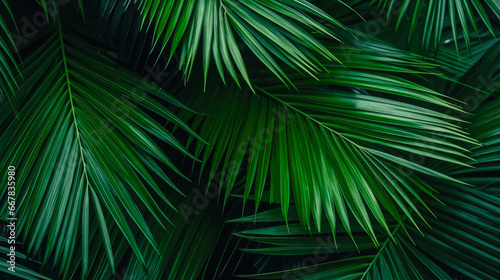 Tropical palm leaves on dark background. Exotic background. © mila103