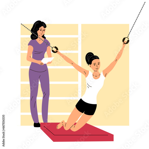 Physical rehabilitation clinic. The girl stretches her muscles on training apparatus. Doctor woman. Therapy and recovery. Kinesiology and physiotherapy. Flat vector illustration