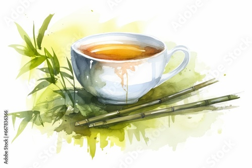 Watercolor Oolong Tea Cup with Bamboo on White Background. AI generated