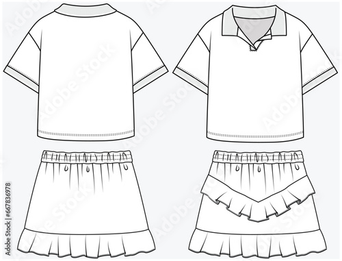 DROP SHOULDER POLO TOP PAIRED WITH CHEVRON PATTERN RUFFLE DETAIL SKIRT DESIGNED FOR TEEN AND KID GIRLS IN VECTOR ILLUSTRATION