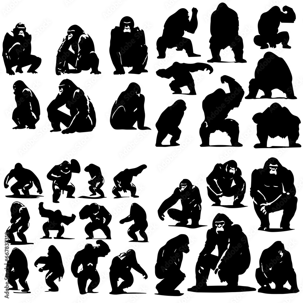 gorilla silhouette, gorilla png, gorilla svg, gorilla illustration, silhouette, vector, icon, illustration, people, head, set, animal, black, profile, woman, cat, design, avatar, face, hair, art