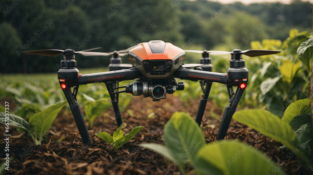 Drone quadcopter with digital camera flying over tobacco field. Technology and agriculture concept.