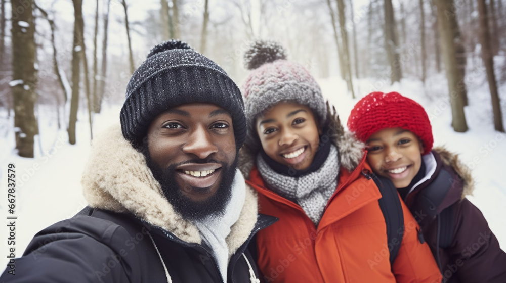 copy space, stockphoto, black family taking a selfie while walking in a winter landscape. Happy family with parents, boy, girl. Togetherness. Happy family walking outdoors during winter time.
